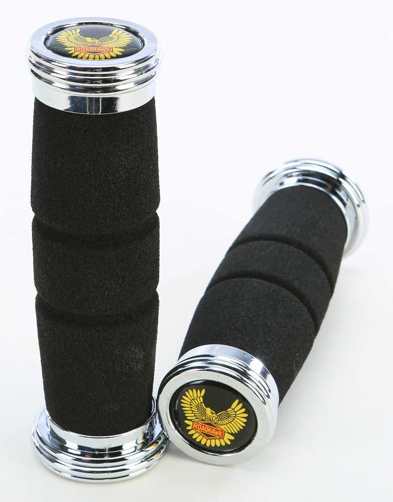 EMGO, EMGO ROADHAWK GRIPS BLACK W/CHROME END CAP 7/8"X5.5" 42-40600